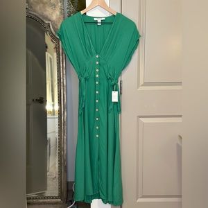 Forever21 Contemporary Green Midi Dress with side ties and wood buttons